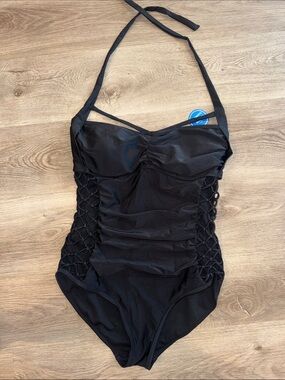 Swimsuits For All Black One-Piece Halter Swimsuit with Side Lattice